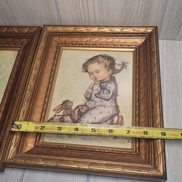 Vtg Ornate Gold Framed Boy & Girl Praying Prints Framed Art Nursery Room Decor - Picture 9 of 10